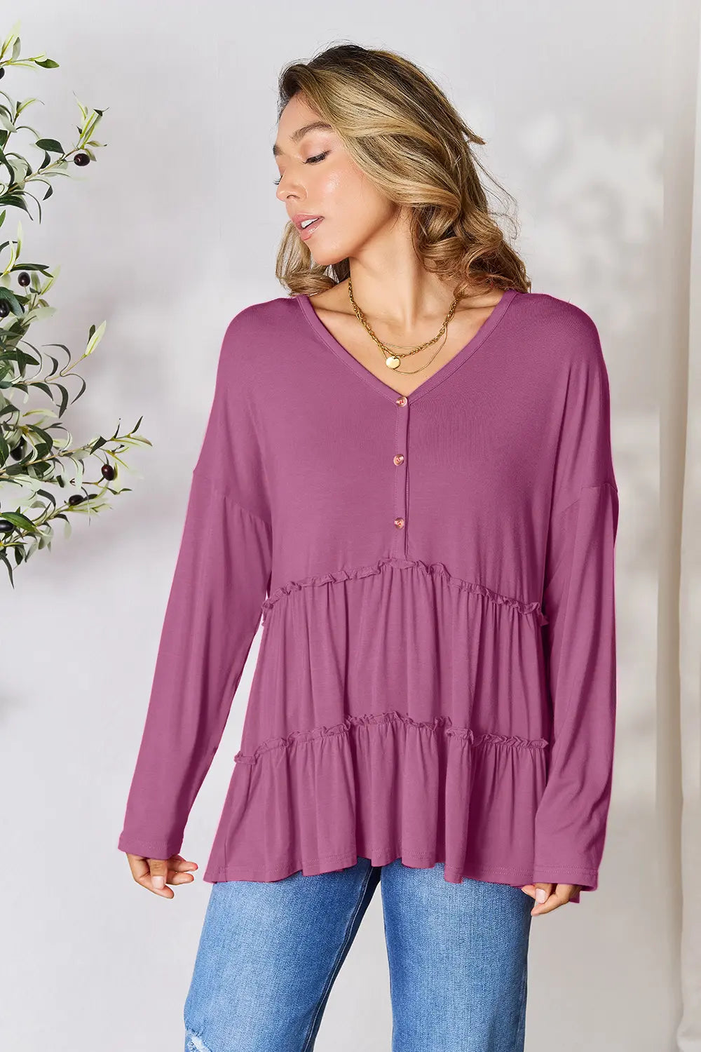 Image of Double Take Half Button Long Sleeve Ruffle Hem Blouse | Queeble.shop
