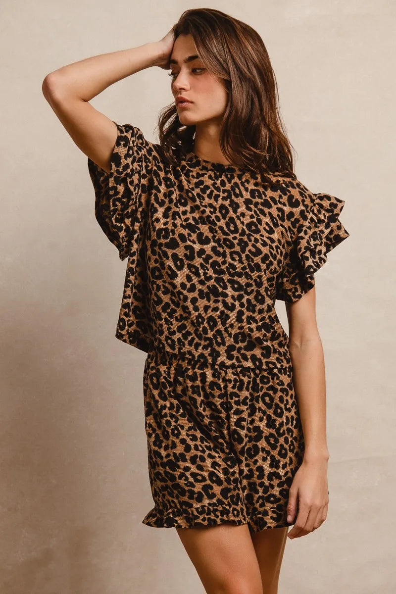 Image of BiBi Leopard Print Waffle Texture Layered Ruffle Sleeve Top and Shorts Set | Queeble.shop