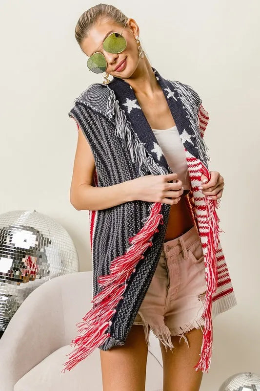 Image of BiBi American Flag Fringe Edged Sweater Vest | Queeble.shop