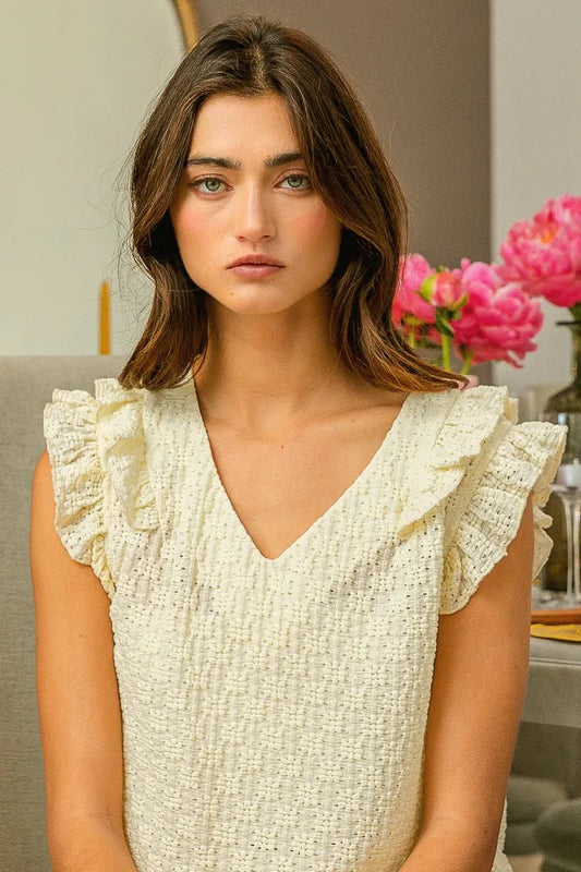 Image of BiBi Floral Ruffled Armhole V-Neck Top | Queeble.shop