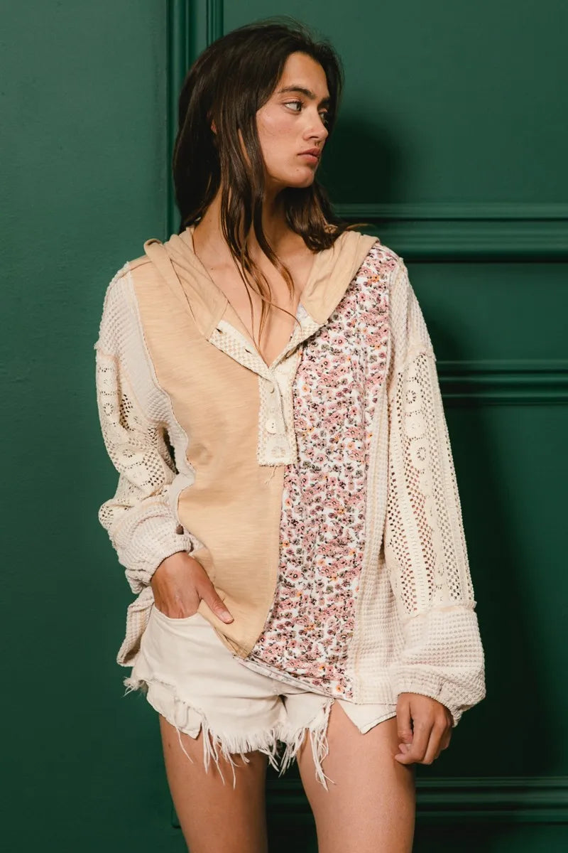Image of BiBi Slub Jersey with Lace Combo Buttoned Hoodie Top | Queeble.shop