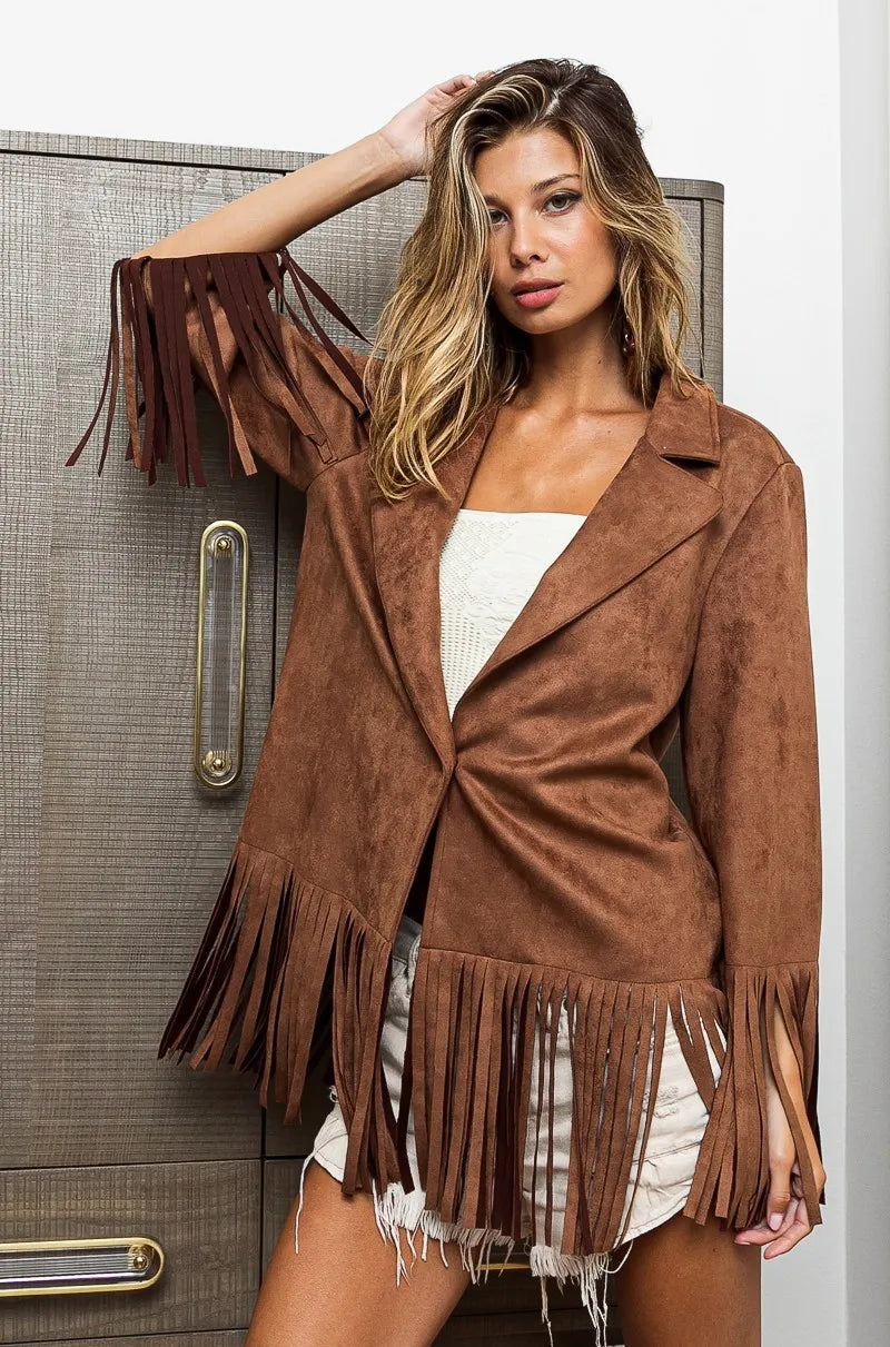 Image of BiBi Suede Single Blazer with Fringed Hem | Queeble.shop