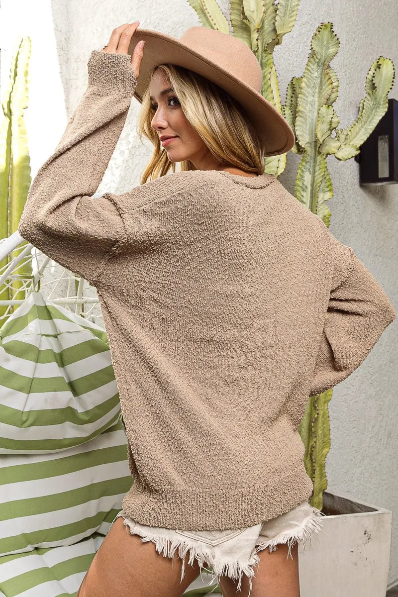 Image of BiBi Raw Edged Popcorn Texture V-neck Sweater | Queeble.shop