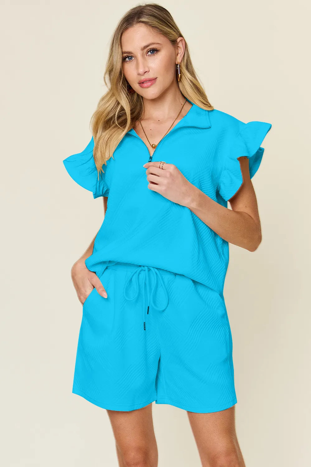 Image of Double Take Full Size Texture Flounce Sleeve Top and Drawstring Shorts Set | Queeble.shop