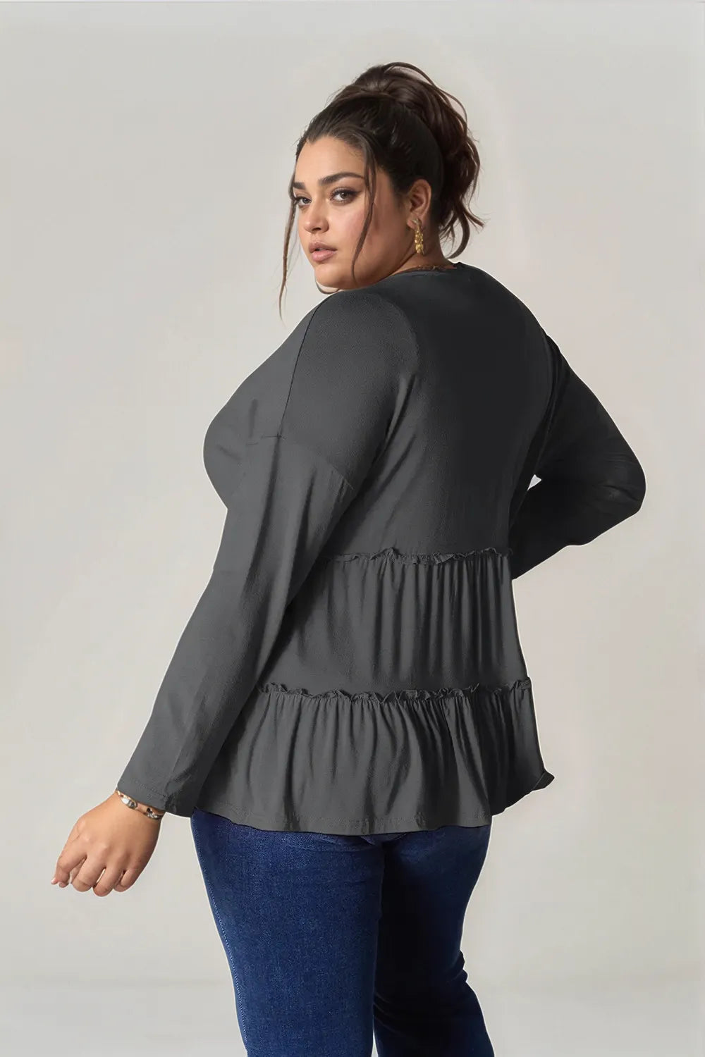 Image of Double Take Half Button Long Sleeve Ruffle Hem Blouse | Queeble.shop