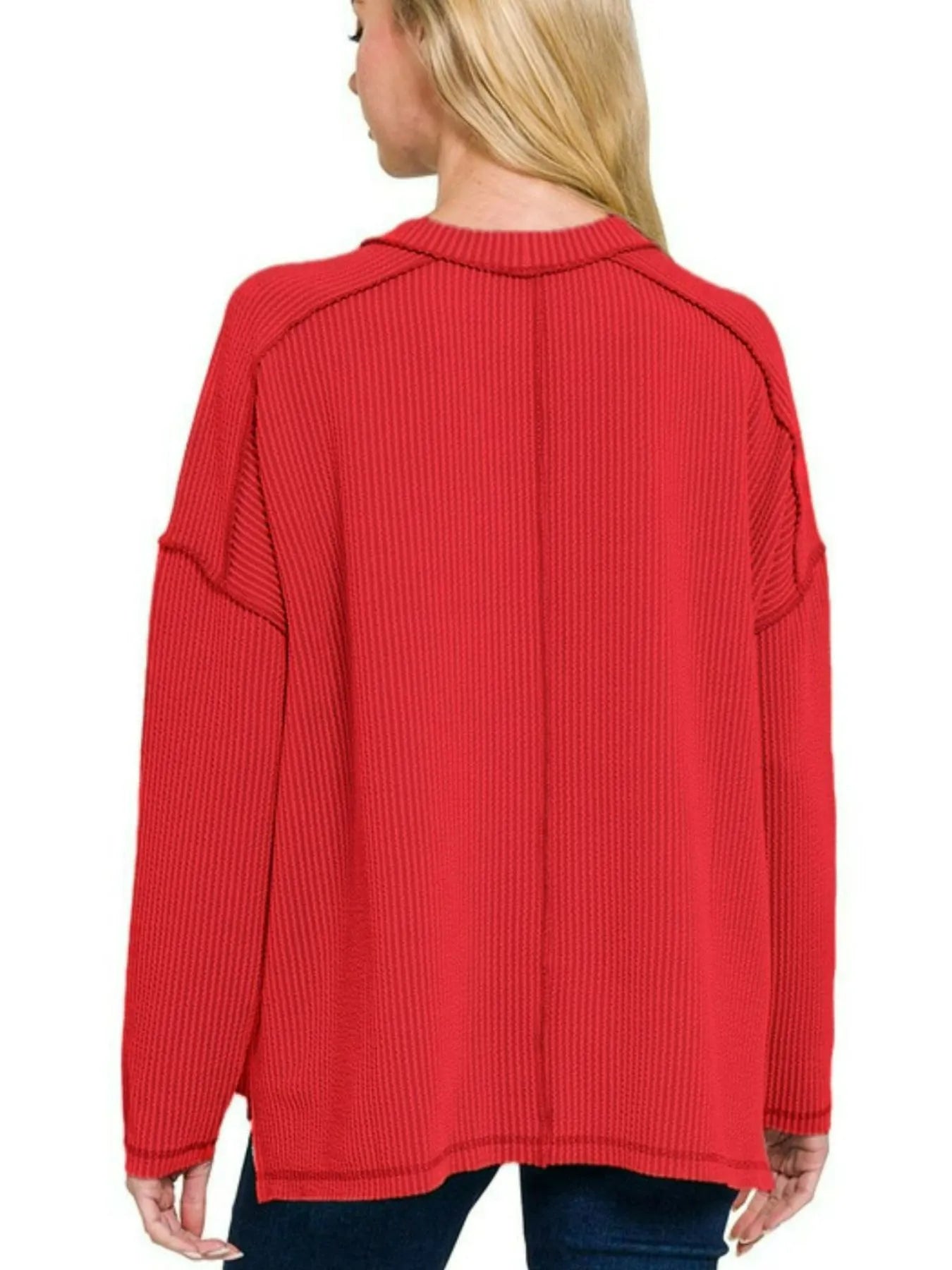 Image of Zenana Full Size Exposed Seam Long Sleeve Corded Rib Knit Top Plus Size | Queeble.shop