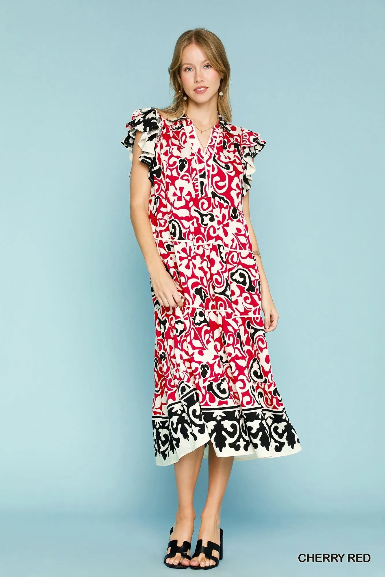 Image of Umgee Printed Ruffled Cap Sleeve Midi Dress | Queeble.shop