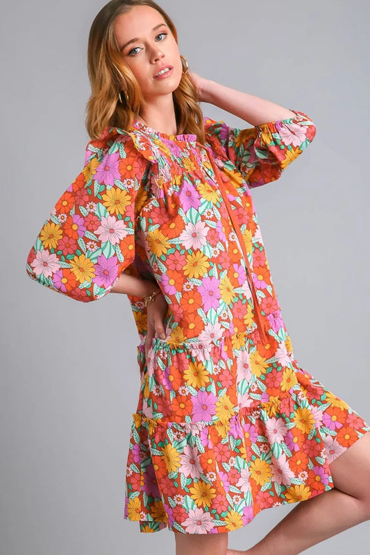 Image of Umgee Full Size Ruffled Flower Print Tie Neck Tiered Dress Plus Size | Queeble.shop