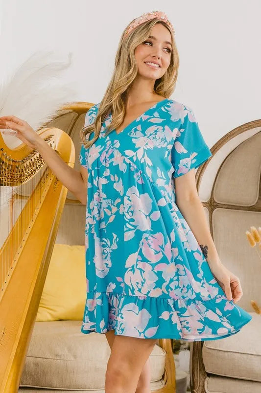 Image of BiBi Floral Crinkle Shirred Ruffle Detail V Neck Dress | Queeble.shop
