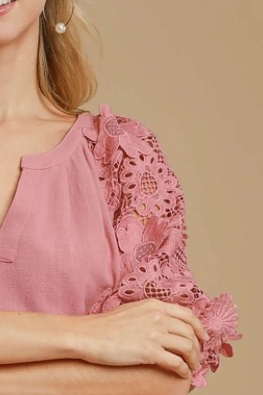 Image of Umgee Full Size French Terry Boxy Cut Top with 3D Floral Sleeve Plus Size | Queeble.shop