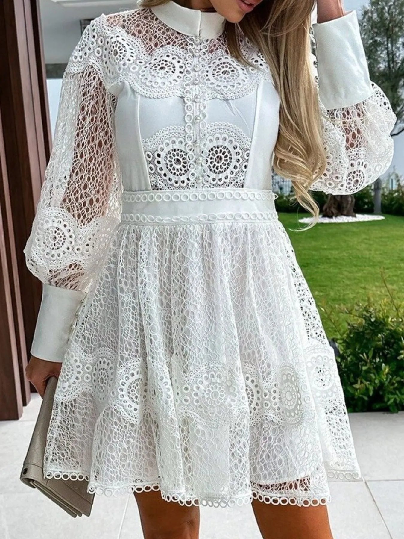 Image of Lace Lantern Sleeve Mini Dress | Queeble.shop