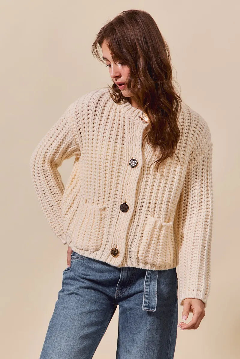 Image of SO ME Metal Button Long Sleeve Chunky Sweater Cardigan | Queeble.shop