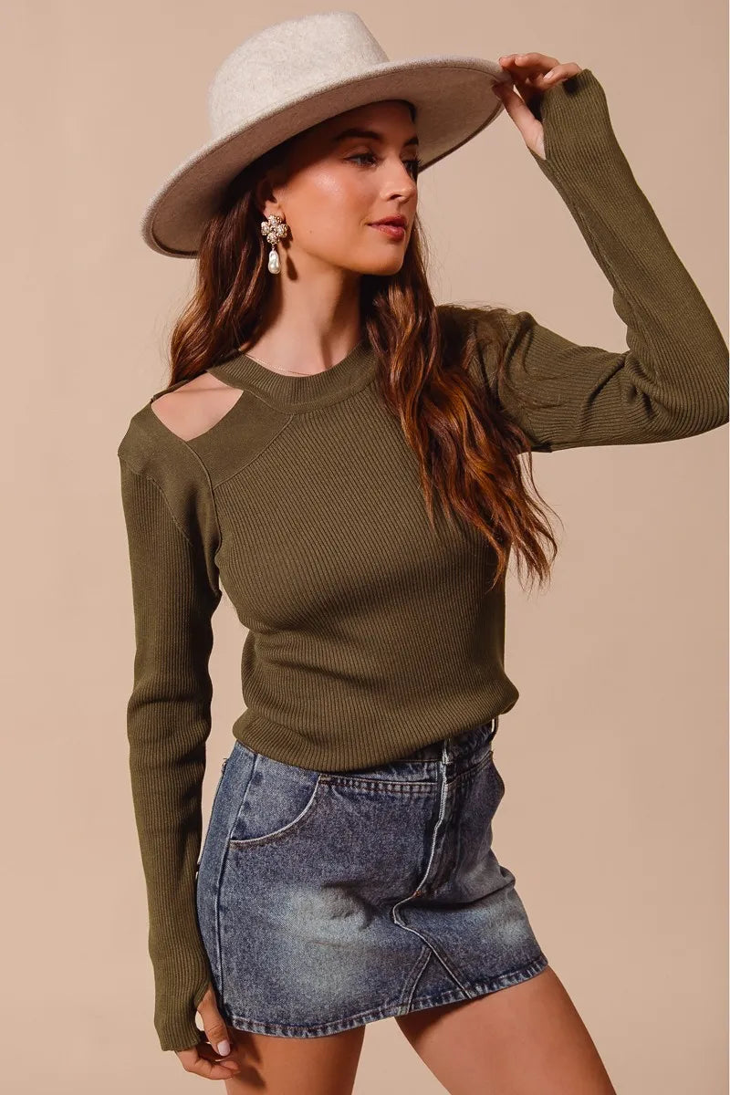 Image of SO ME Rib Knit Top with Shoulder Cut Out | Queeble.shop