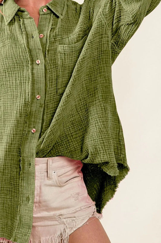 Image of BiBi Raw Edge Detailed Mineral Washed Loose Fit Shirt | Queeble.shop