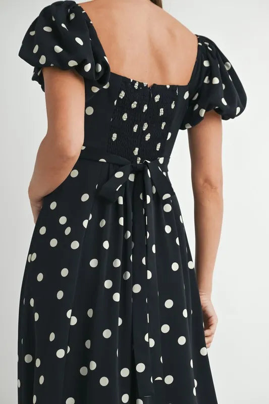 Image of MABLE Polka Dot Puff Sleeve Midi Dress | Queeble.shop