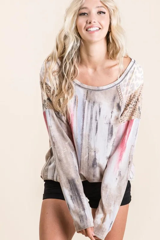 Image of BiBi Tie Dye Knit Top with Print Block Shoulder | Queeble.shop