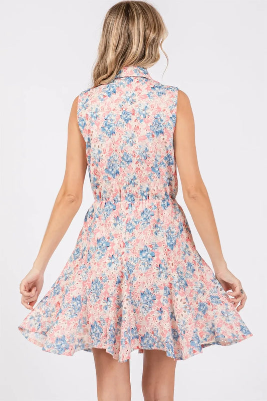 Image of GeeGee Full Size Floral Eyelet Sleeveless Mini Dress | Queeble.shop