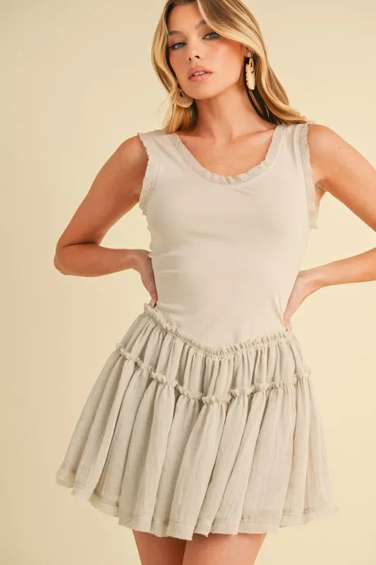 Image of Aemi+Co Frill Sleeveless Drop Waist Mini Dress | Queeble.shop