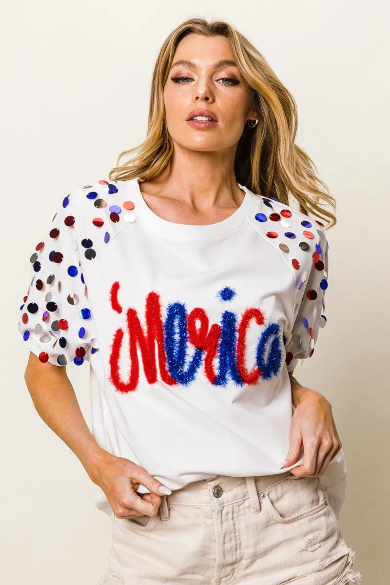 Image of BiBi Metallic Letter Spangle Raglan Puff Sleeve Top | Queeble.shop