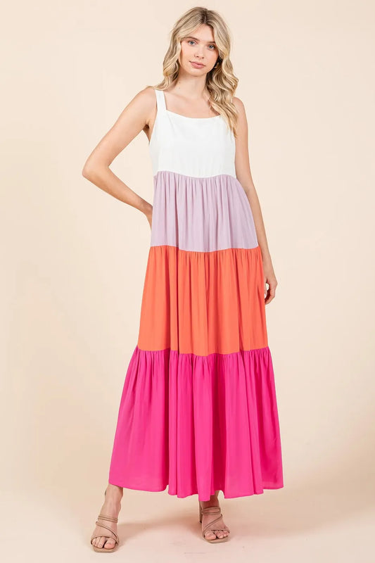 Image of Mittoshop Color Block Tiered Pull-On Maxi Dress | Queeble.shop