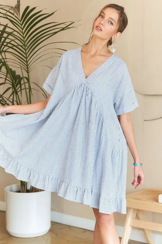 Image of ADORA Ruffled Hem Striped V-Neck Babydoll Dress | Queeble.shop