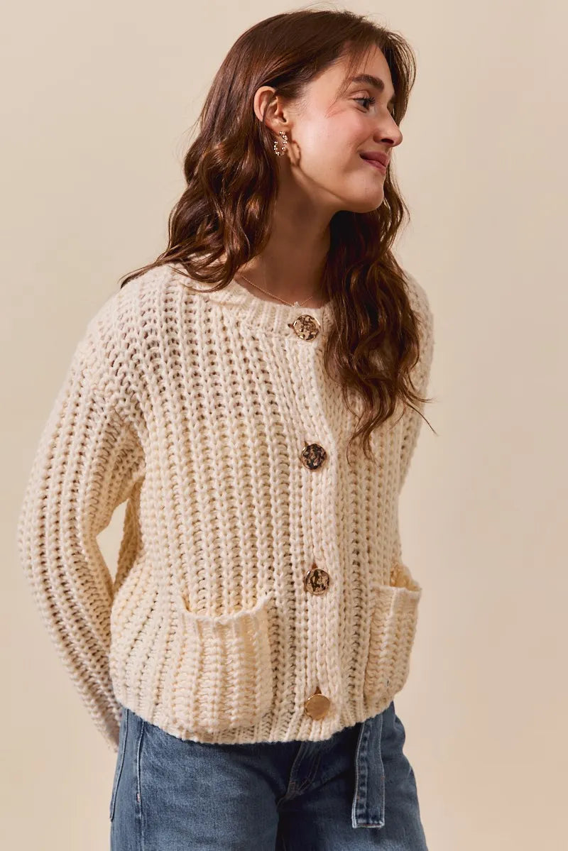 Image of SO ME Metal Button Long Sleeve Chunky Sweater Cardigan | Queeble.shop