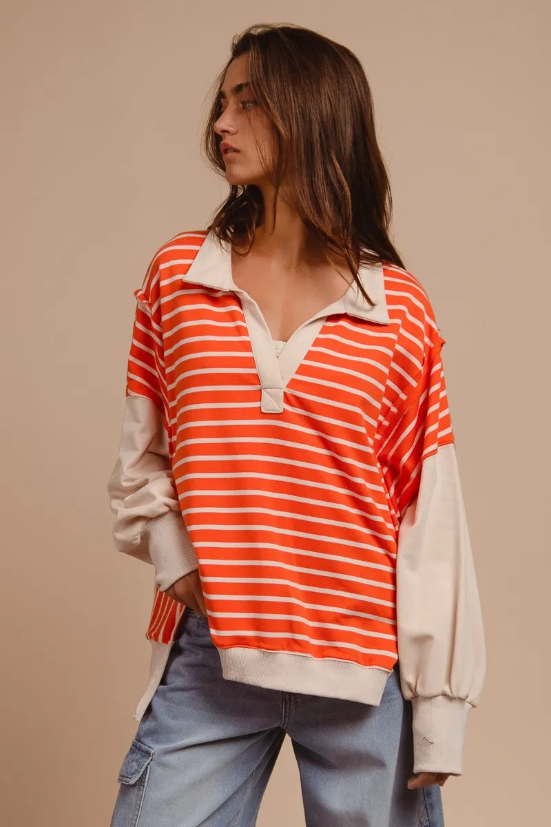 Image of BiBi Stripe Knit Loose Fit Top With Cut Edge Detail | Queeble.shop