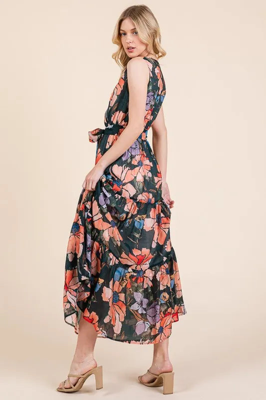 Image of Lime 'N' Chili Floral Print Sleeveless Tie Waist Maxi Dress | Queeble.shop