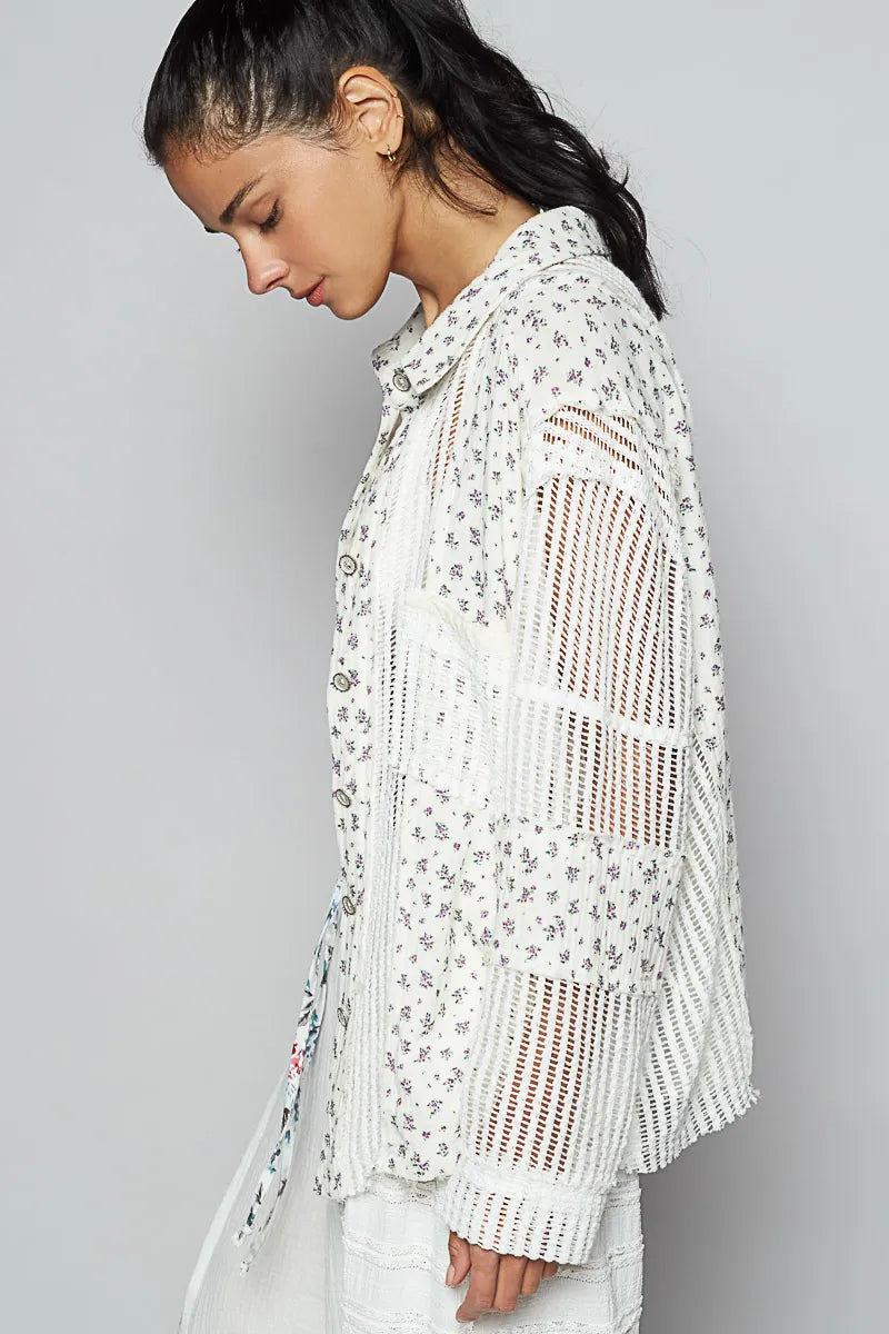Image of POL Floral Crochet Patchwork Long Sleeve Shirt | Queeble.shop