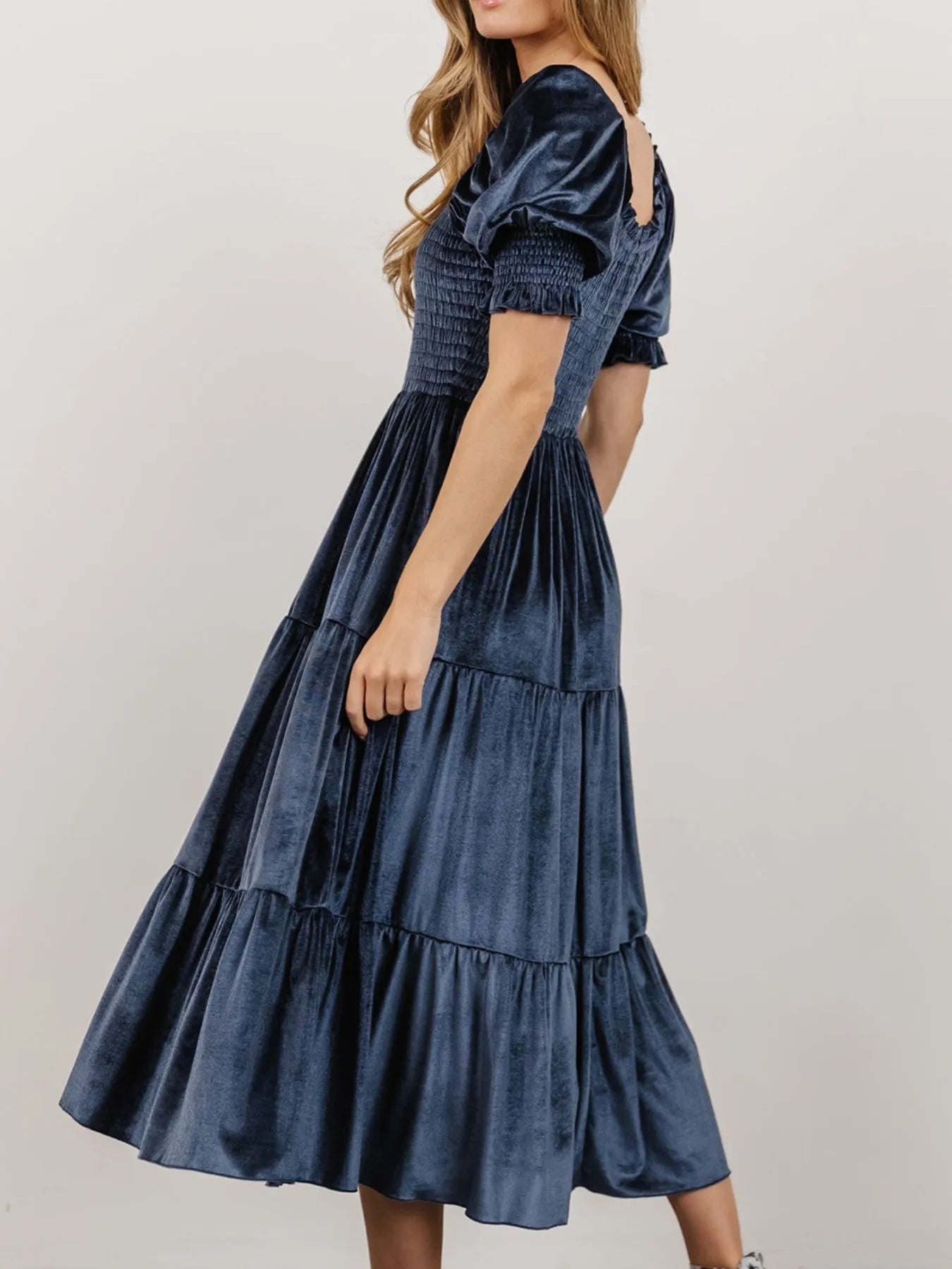 Image of Smocked Half Sleeve Tiered Midi Dress | Queeble.shop