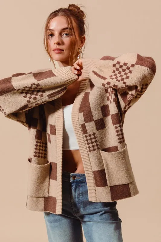 Image of SO ME Checkered Open Front Cardigan with Pockets | Queeble.shop