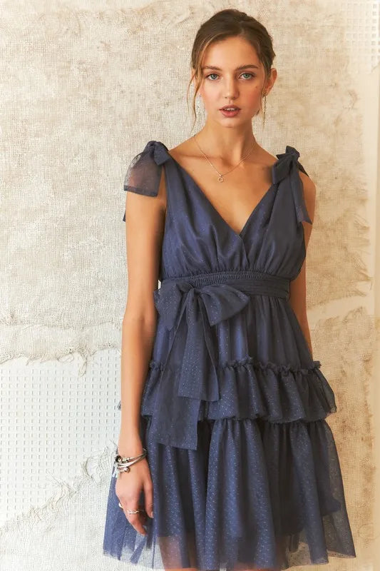 Image of ADORA Tie Shoulder Polka Dot Mesh Dress | Queeble.shop