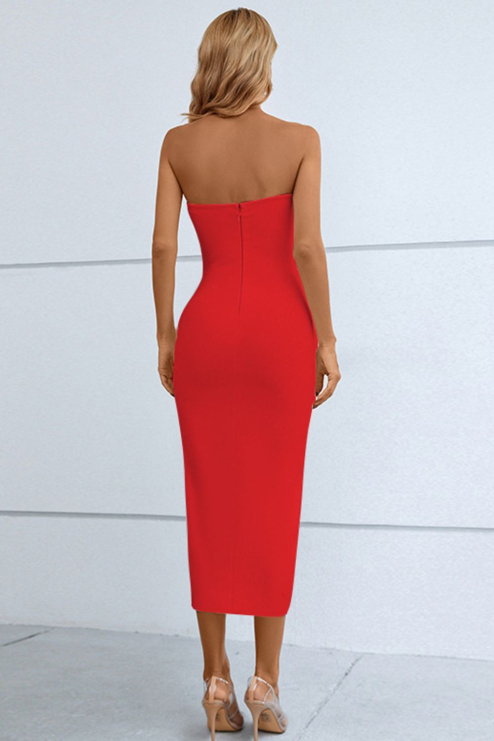Image of Cutout Strapless Drawstring Detail Split Bandage Dress | Queeble.shop