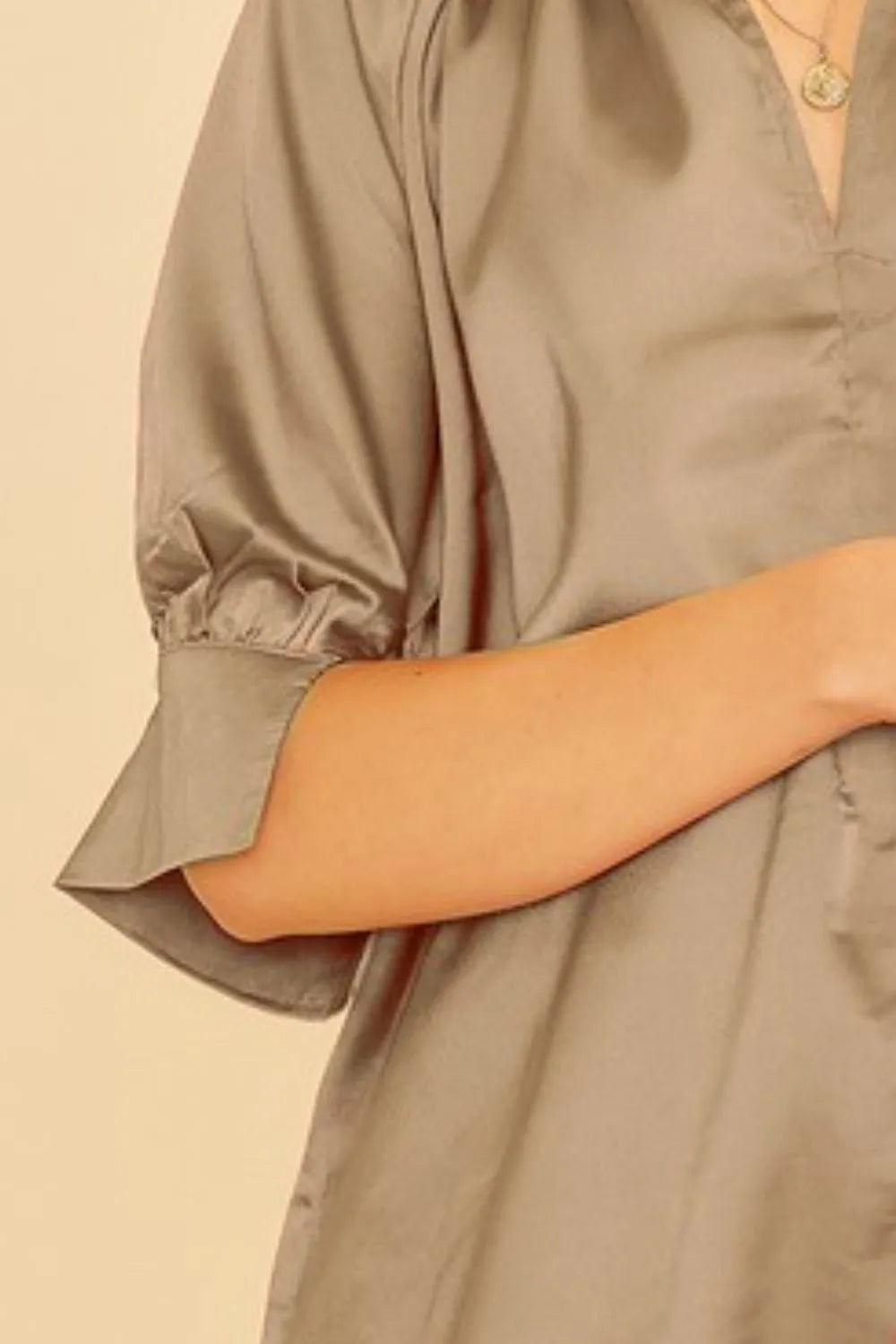 Image of Annie Wear Satin V Neck Open Short Sleeve Woven Blouse Top | Queeble.shop