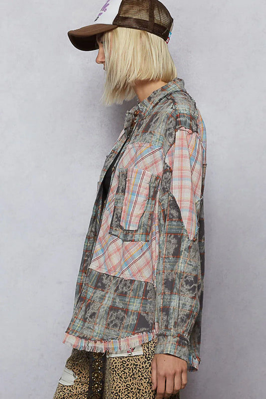 Image of POL Plaid Patchwork Long Sleeve Shirt with Raw Edge Detail | Queeble.shop