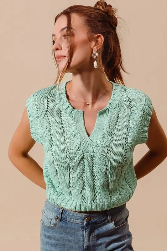 Image of SO ME Notched Neck Cable Knit Sweater Vest | Queeble.shop