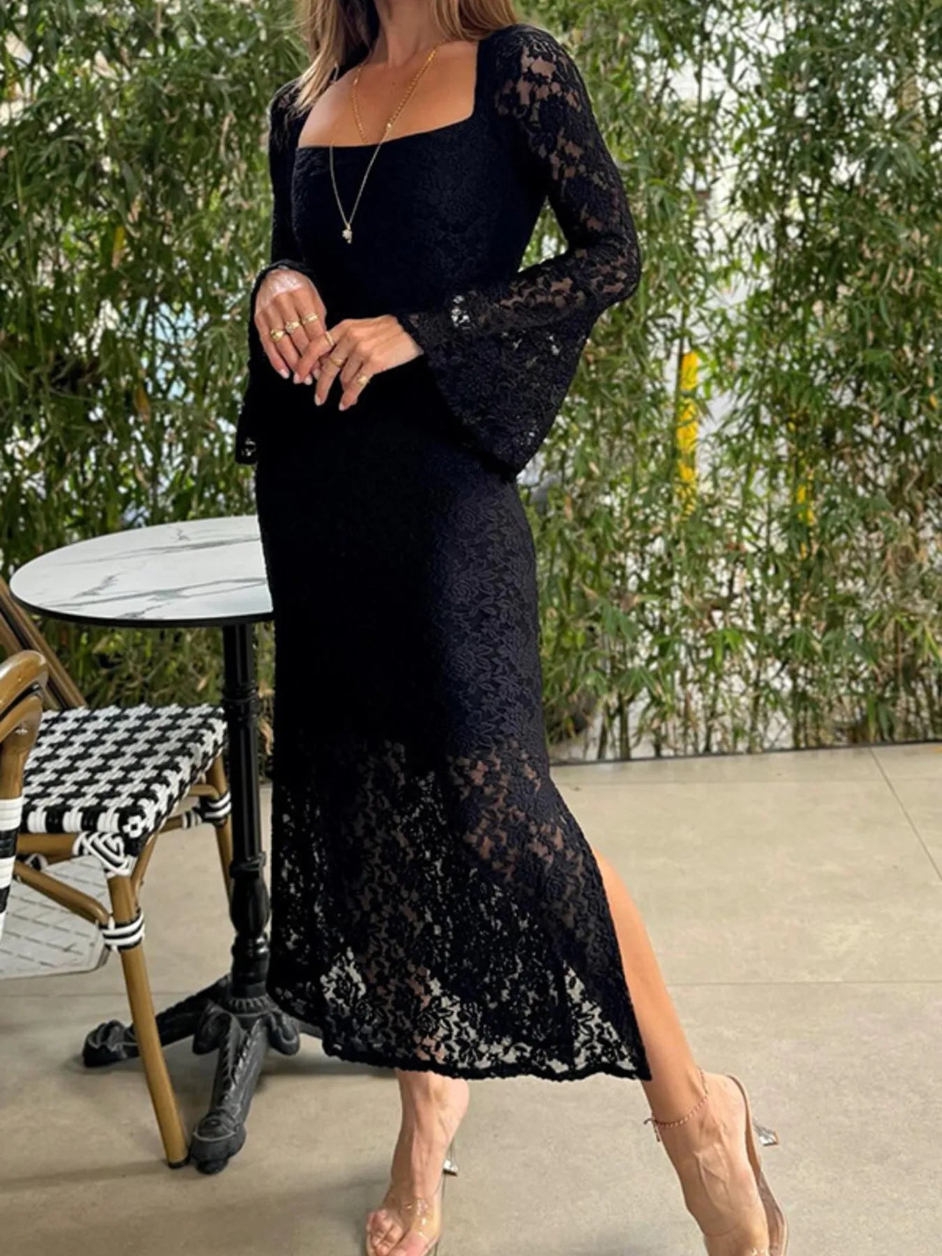Image of Lace Bell Sleeve Square Neck Bodycon Dress | Queeble.shop