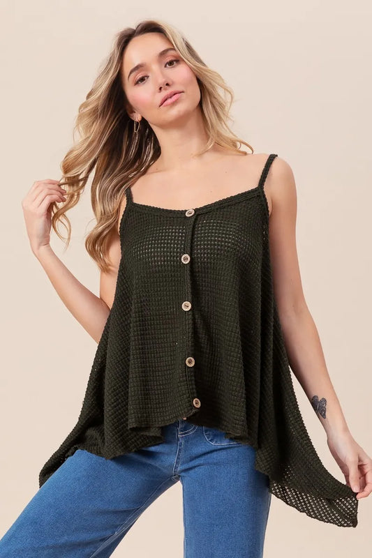 Image of BiBi Popcorn Waffle Knit with Buttoned Front Cami Top | Queeble.shop