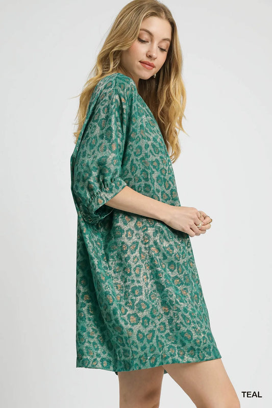 Image of Umgee Metallic Leopard Print V-Neck Kimono Dress | Queeble.shop