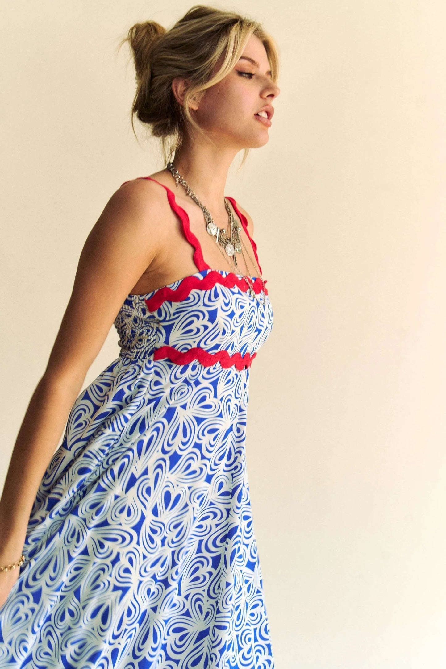 Image of Davi & Dani Geo 2 Tone Printed Wavi Trim Tiered Maxi Dress | Queeble.shop