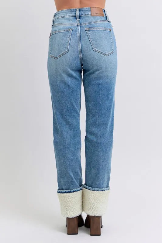 Image of Judy Blue Full Size High Waist Shearling Cuff Straight Plus Size | Queeble.shop