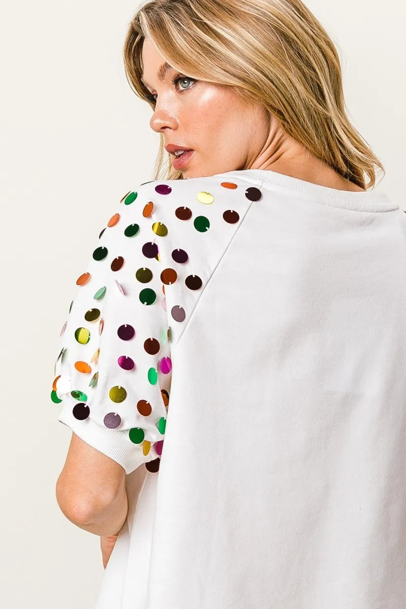 Image of BiBi Metallic Letter Spangle Raglan Puff Sleeve Top | Queeble.shop