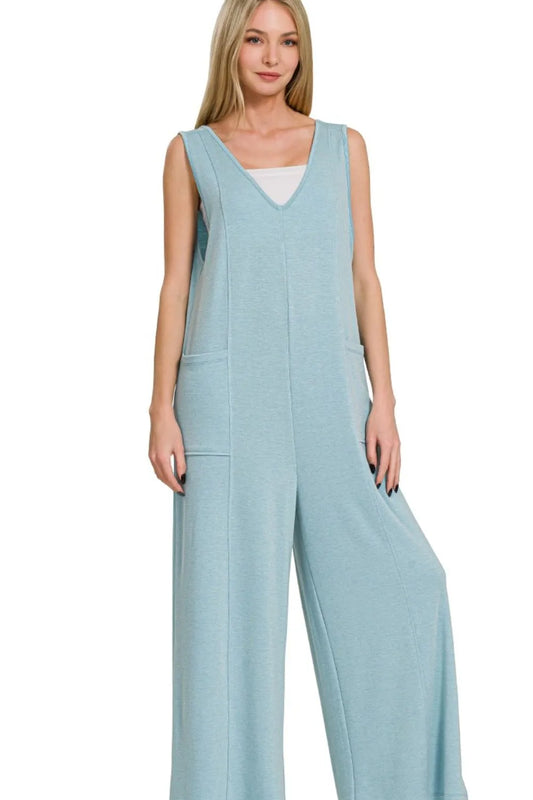 Image of Zenana French Terry Deep V Neck Jumpsuits | Queeble.shop
