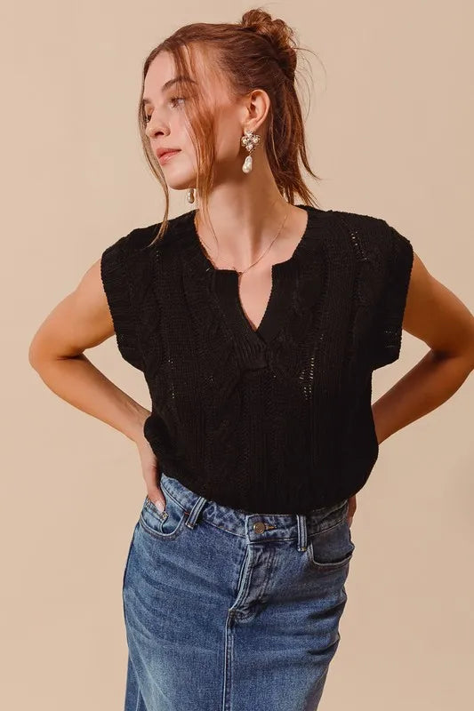 Image of SO ME Notched Neck Cable Knit Sweater Vest | Queeble.shop