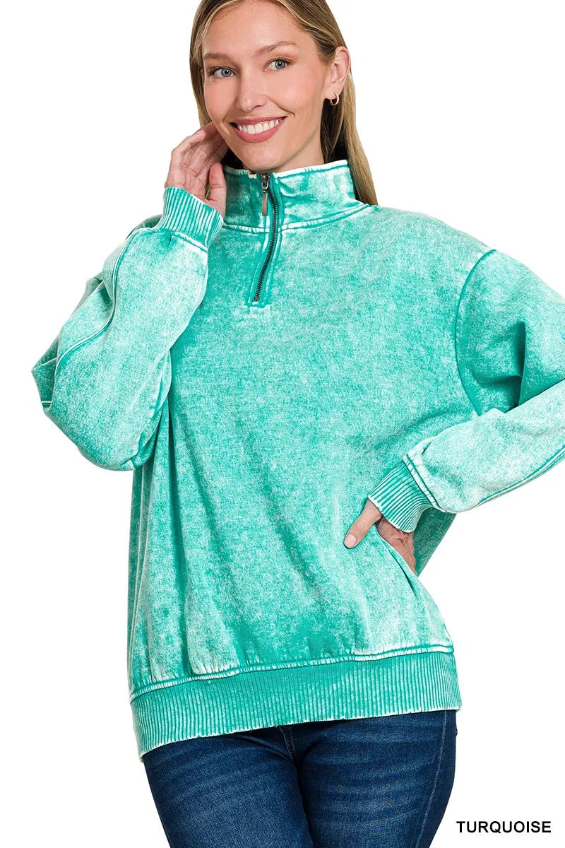 Image of Zenana Acid Wash Fleece Quarter Zip Sweatshirt | Queeble.shop