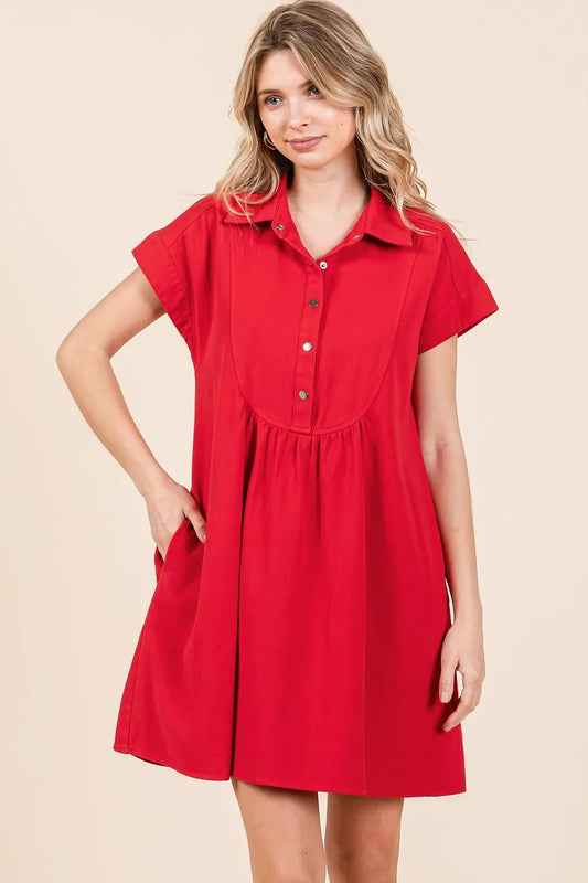 Image of Mittoshop Twill Short Sleeve Collared Mini Dress | Queeble.shop