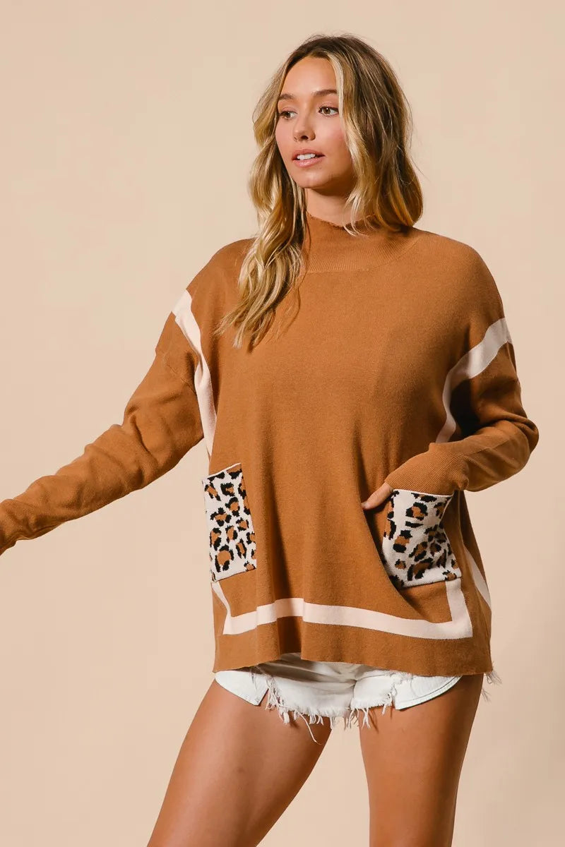 Image of BiBi Mock Neck Sweater with Leopard Pocket | Queeble.shop