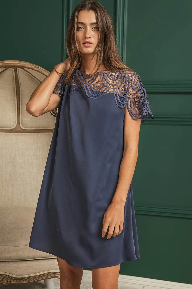 Image of BiBi Crochet Lace Yoke Detailed Wrinkled Dress | Queeble.shop