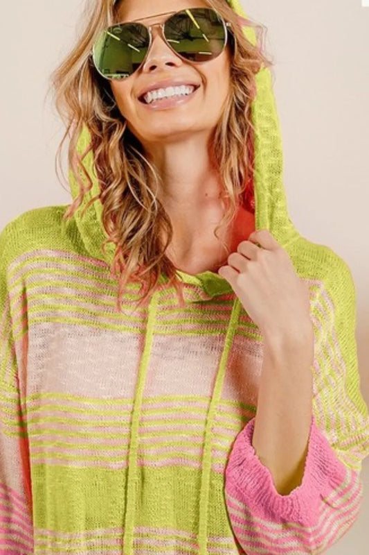 Image of BiBi Short Sleeve Stripe Low Gauge Knit Hoodie | Queeble.shop