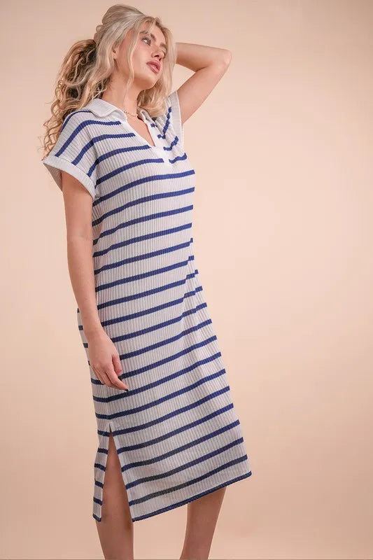 Image of VERY J Oversized Collared Striped Knit Midi Dress | Queeble.shop